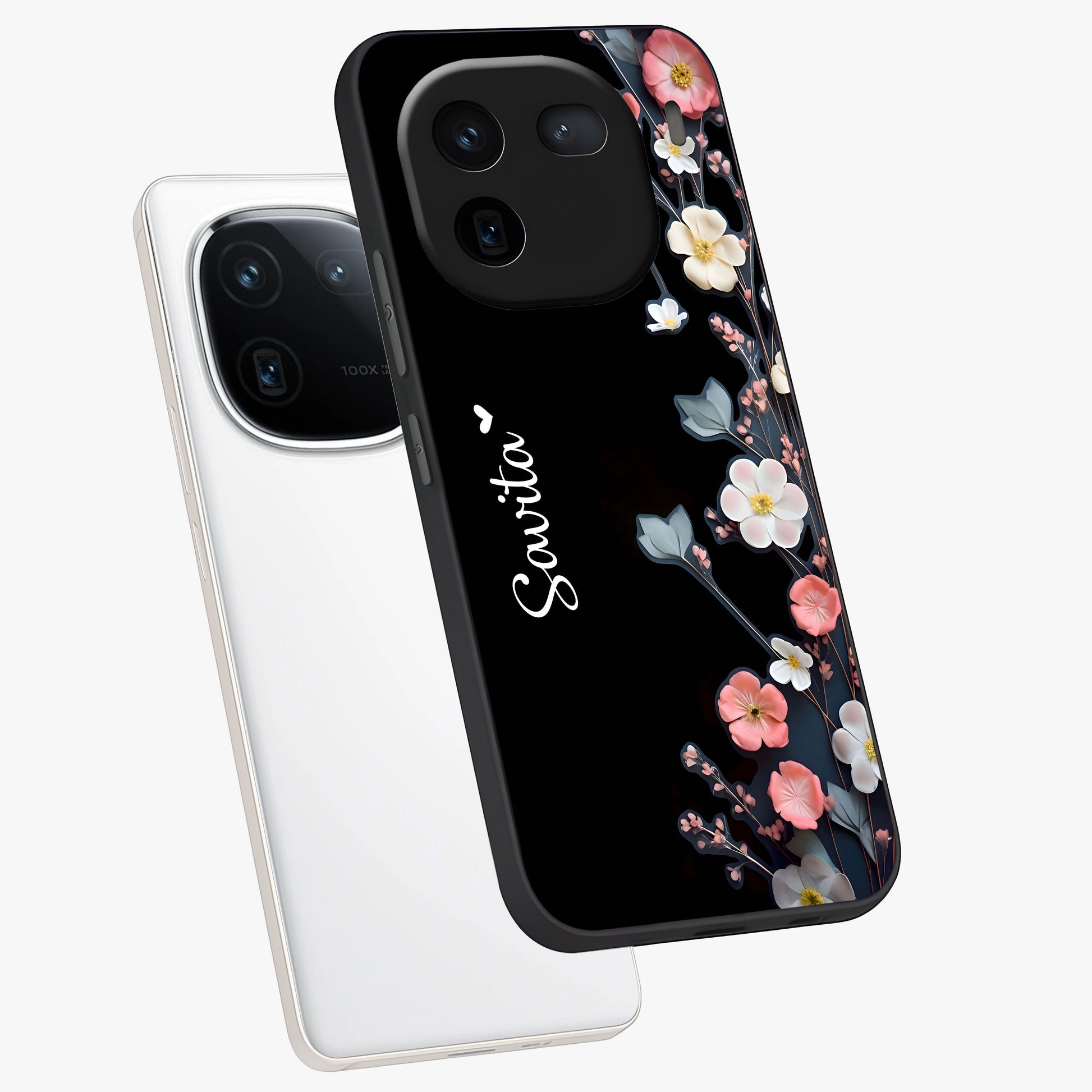 Black Elegance Floral Custom Name Glass Case displayed in angled mockup highlighting dark floral aesthetic and custom name feature.