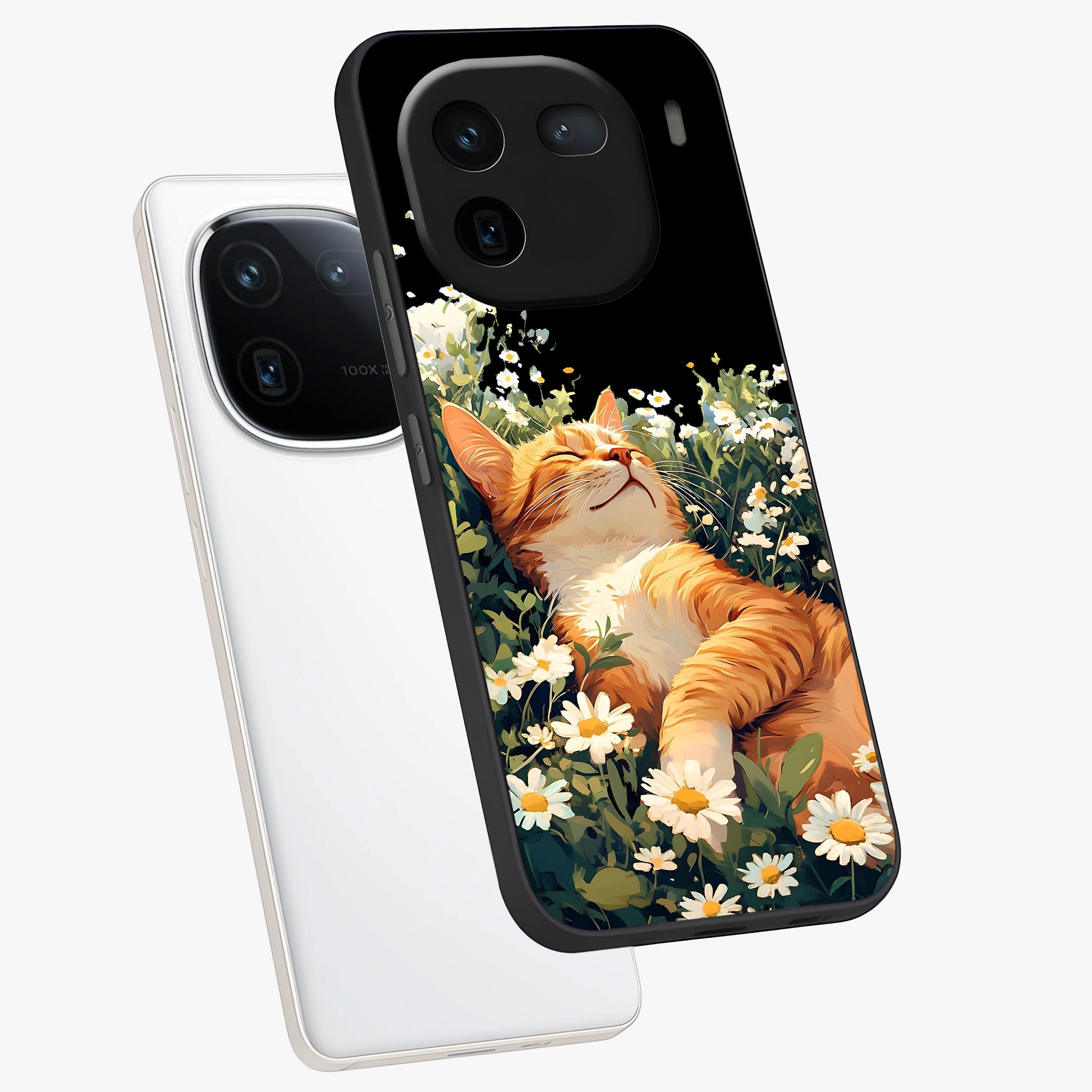 Blissful Bloom Cat Glass Case displayed in angled mockup highlighting playful feline illustration with soft floral aesthetic.