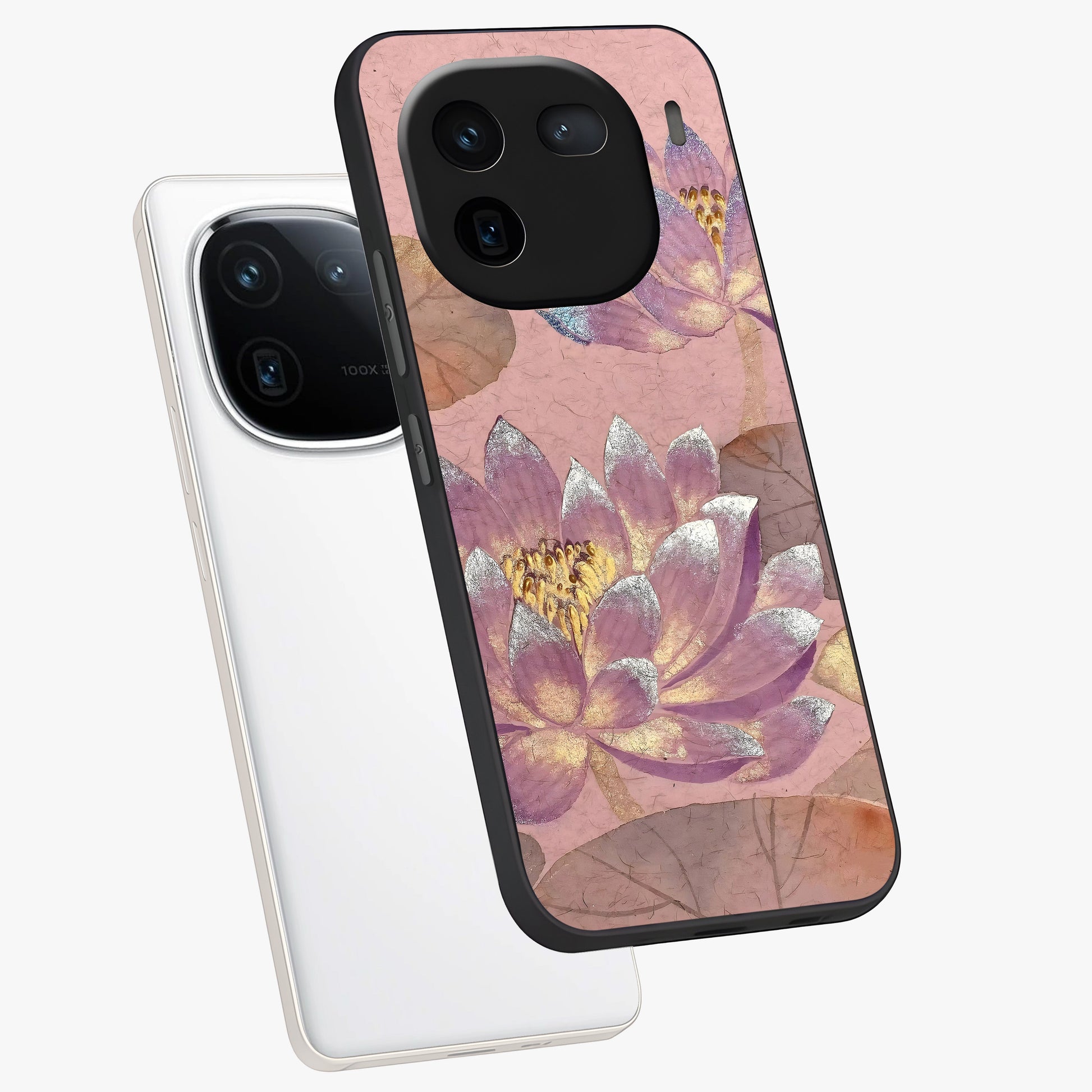 Blossom Mist Lotus Glass Case displayed in angled mockup highlighting delicate lotus illustration with calm aesthetic theme.