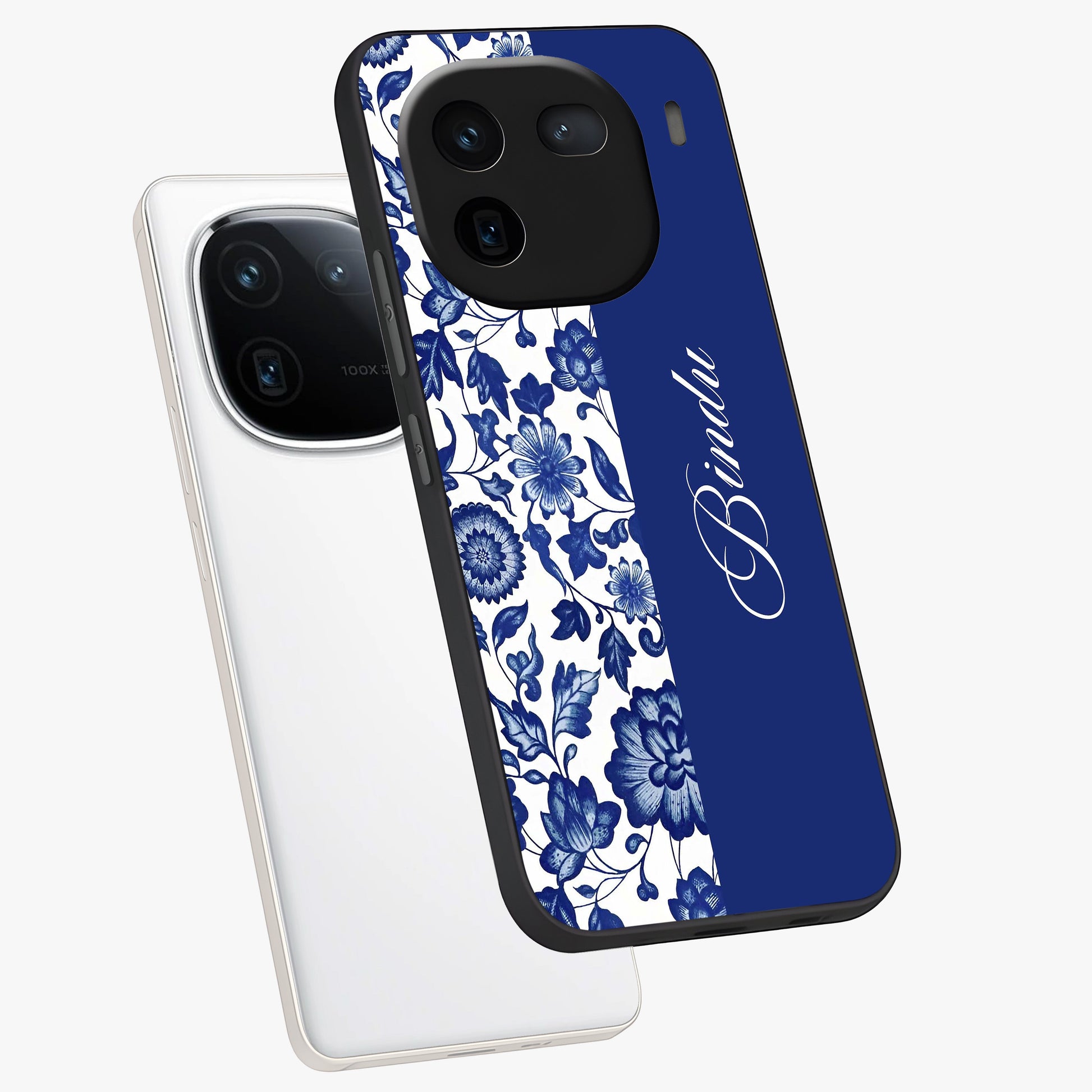 Blue Vintage Floral Pattern Glass Case displayed in angled mockup highlighting subtle bloom pattern with aesthetic pastel design.