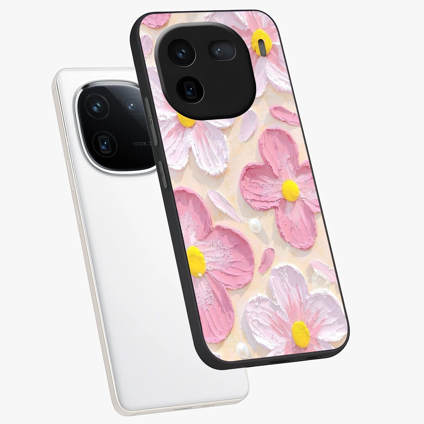 Blush Bloom Texture Glass Case displayed in angled mockup highlighting subtle bloom pattern with aesthetic pastel design.