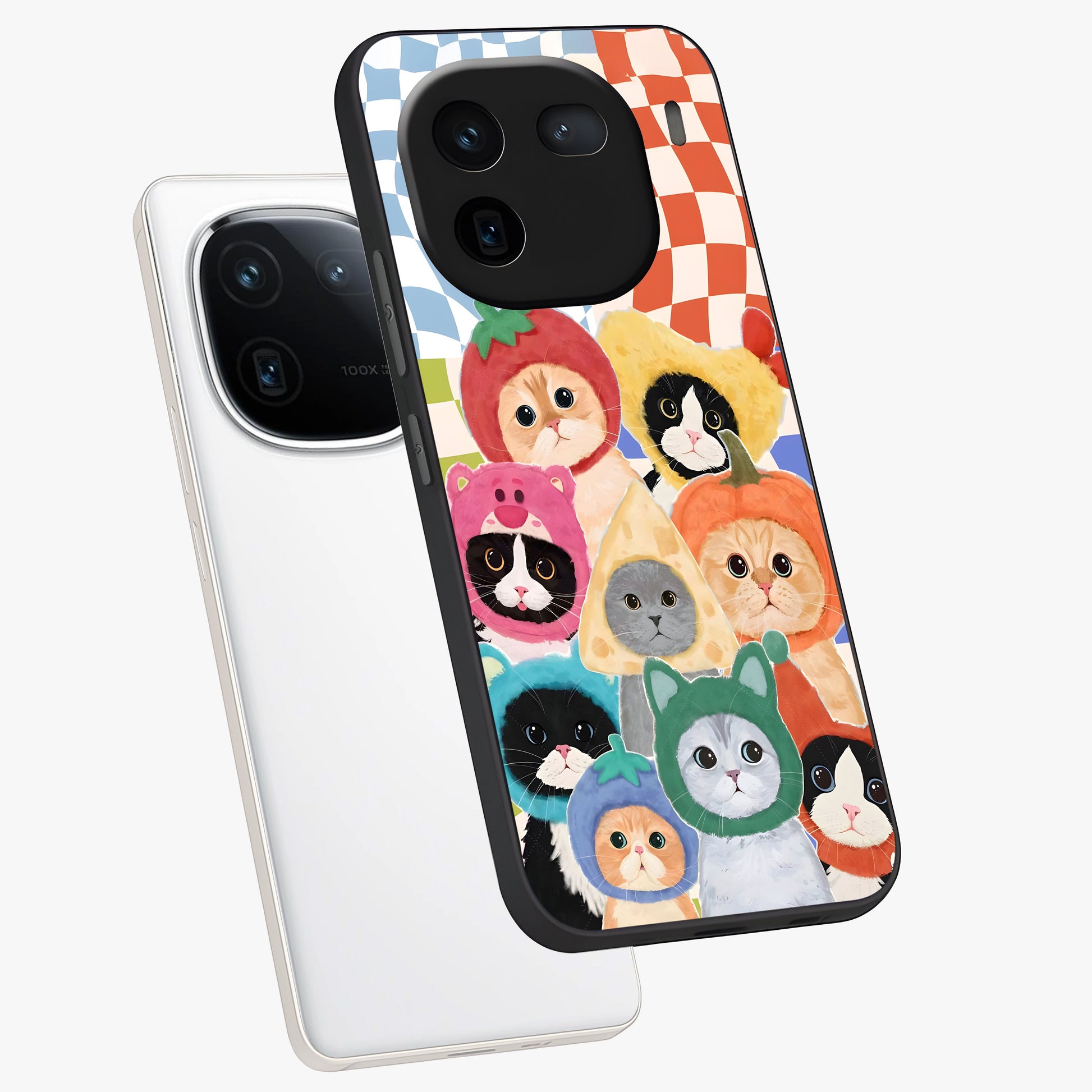 Cats in Fruits Glass Case displayed in angled mockup highlighting cute feline fruit design with colorful aesthetic style.