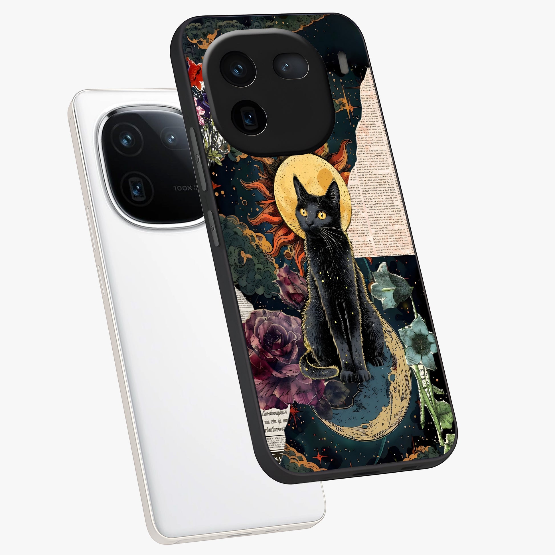 Celestial Black Cat Glass Case displayed in angled mockup highlighting cosmic black cat design with celestial aesthetic.