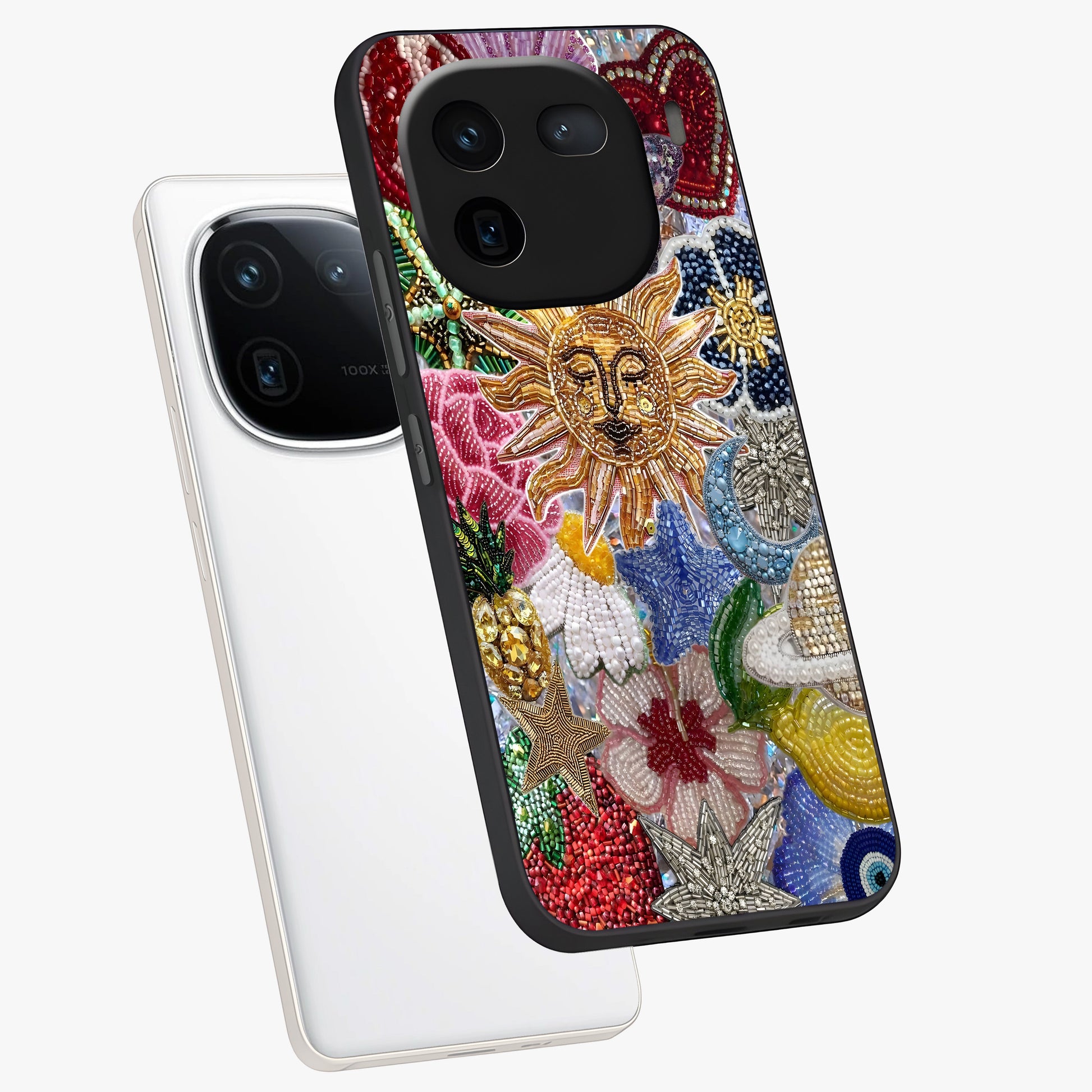 Celestial Floral and Playful Glass Case displayed in angled mockup highlighting playful floral design with dreamy celestial elements.