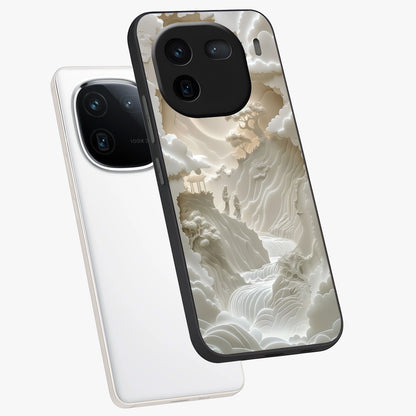 Celestial Origami Glass Case displayed in angled mockup highlighting geometric origami design with cosmic aesthetic theme.