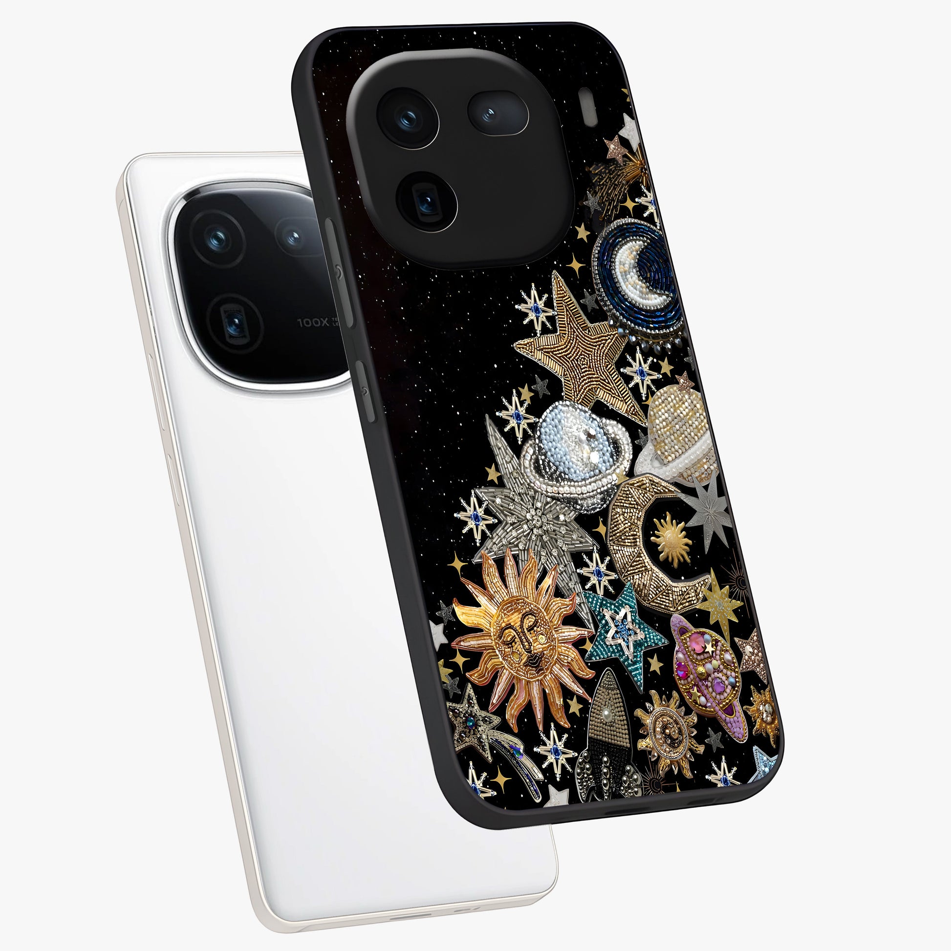 Cosmic Sparkle Dreams Glass Case displayed in angled mockup highlighting dreamy star sparkle design with celestial aesthetic.