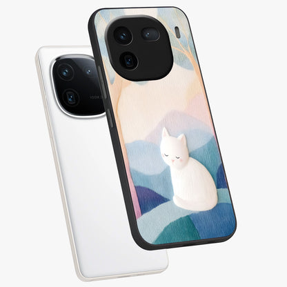Cotton Dream Cat Glass Case displayed in angled mockup highlighting cute feline illustration with pastel aesthetic style.