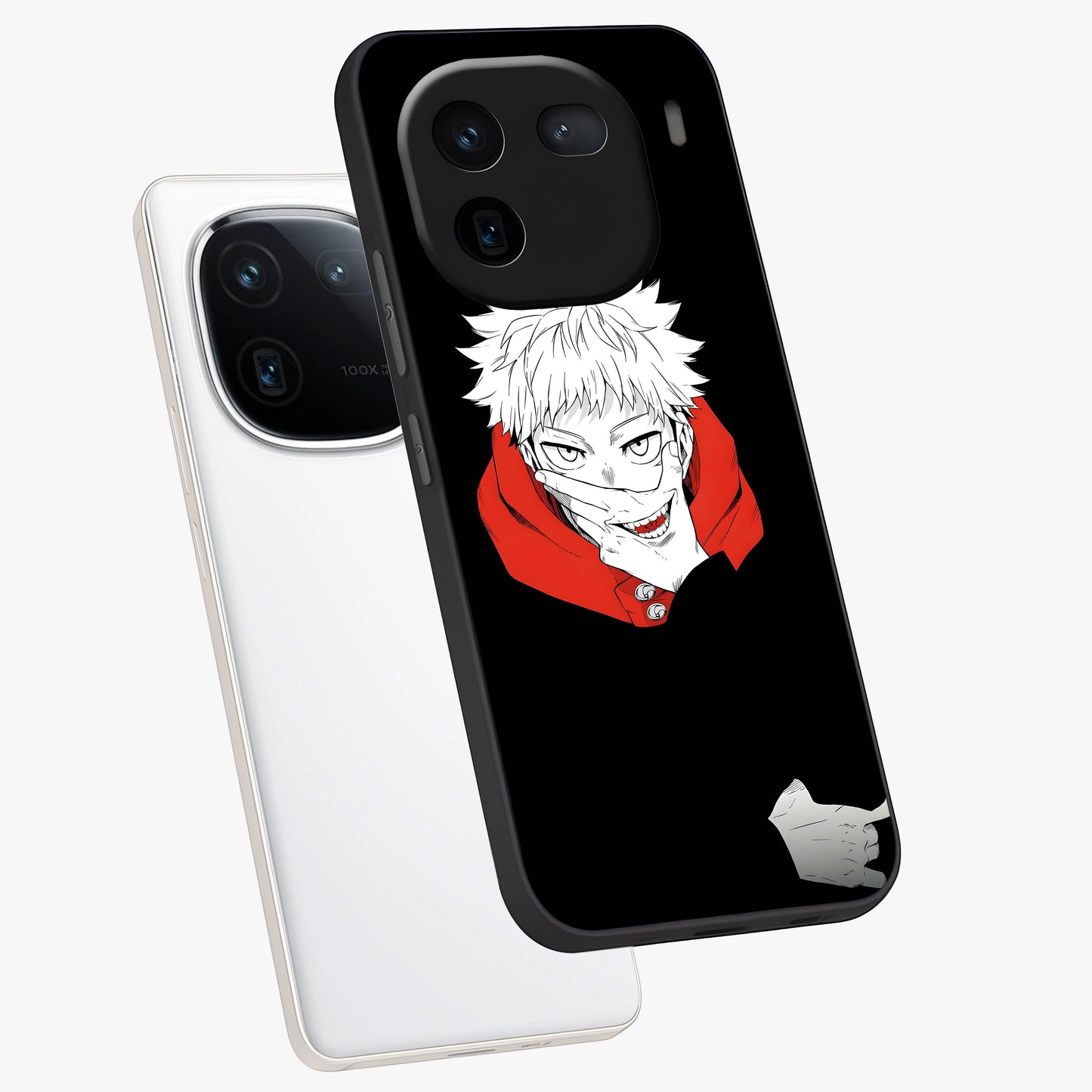 Crimson Chaos Smile Glass Case displayed in angled mockup highlighting edgy crimson smile design with graphic aesthetic.