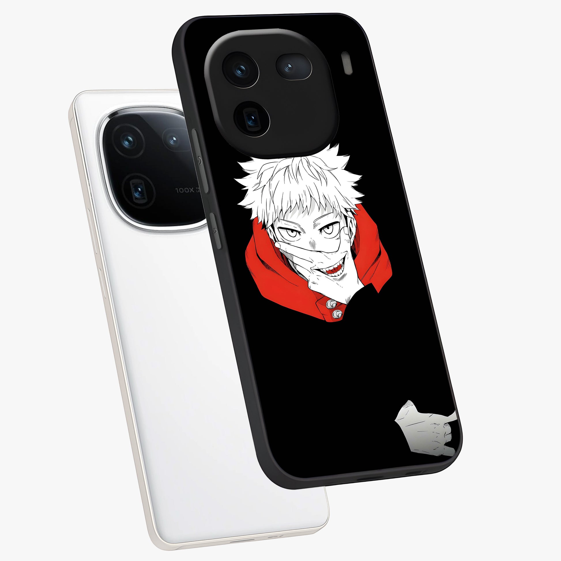 Crimson Chaos Smile Glass Case displayed in angled mockup highlighting edgy crimson smile design with graphic aesthetic.