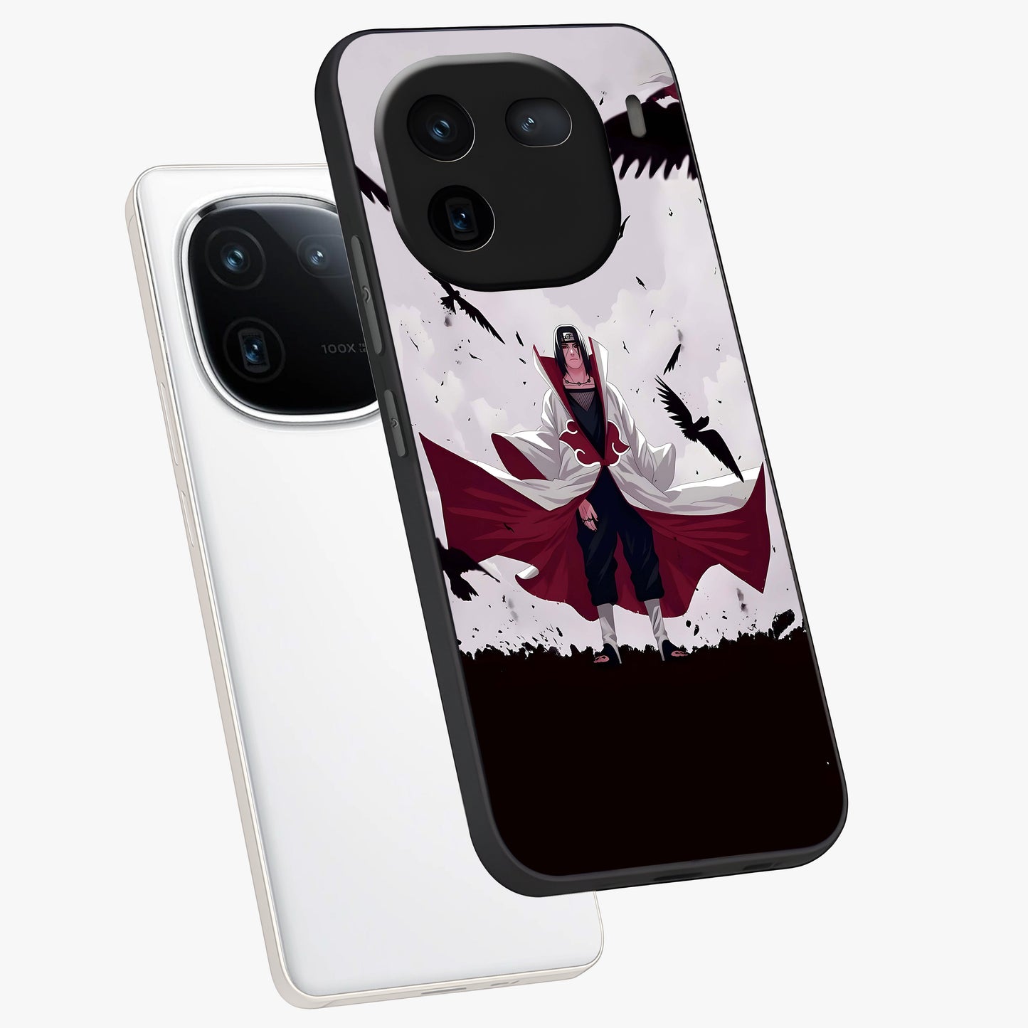 Crimson Crow Ascension Glass Case displayed in angled mockup highlighting powerful crow illustration with dark crimson aesthetic.