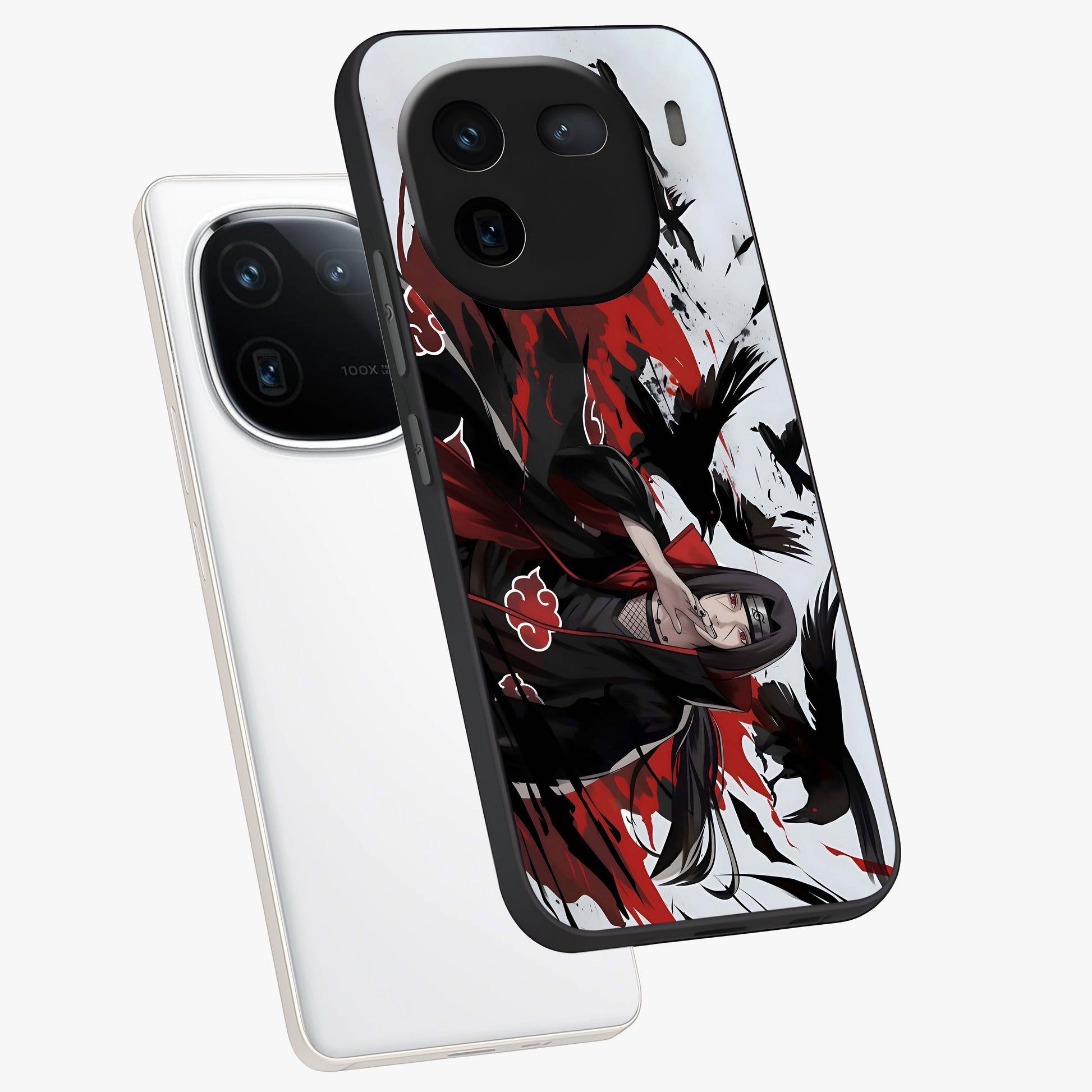 Crimson Crow Illusion Glass Case displayed in angled mockup highlighting mysterious crow graphic with dark aesthetic style.