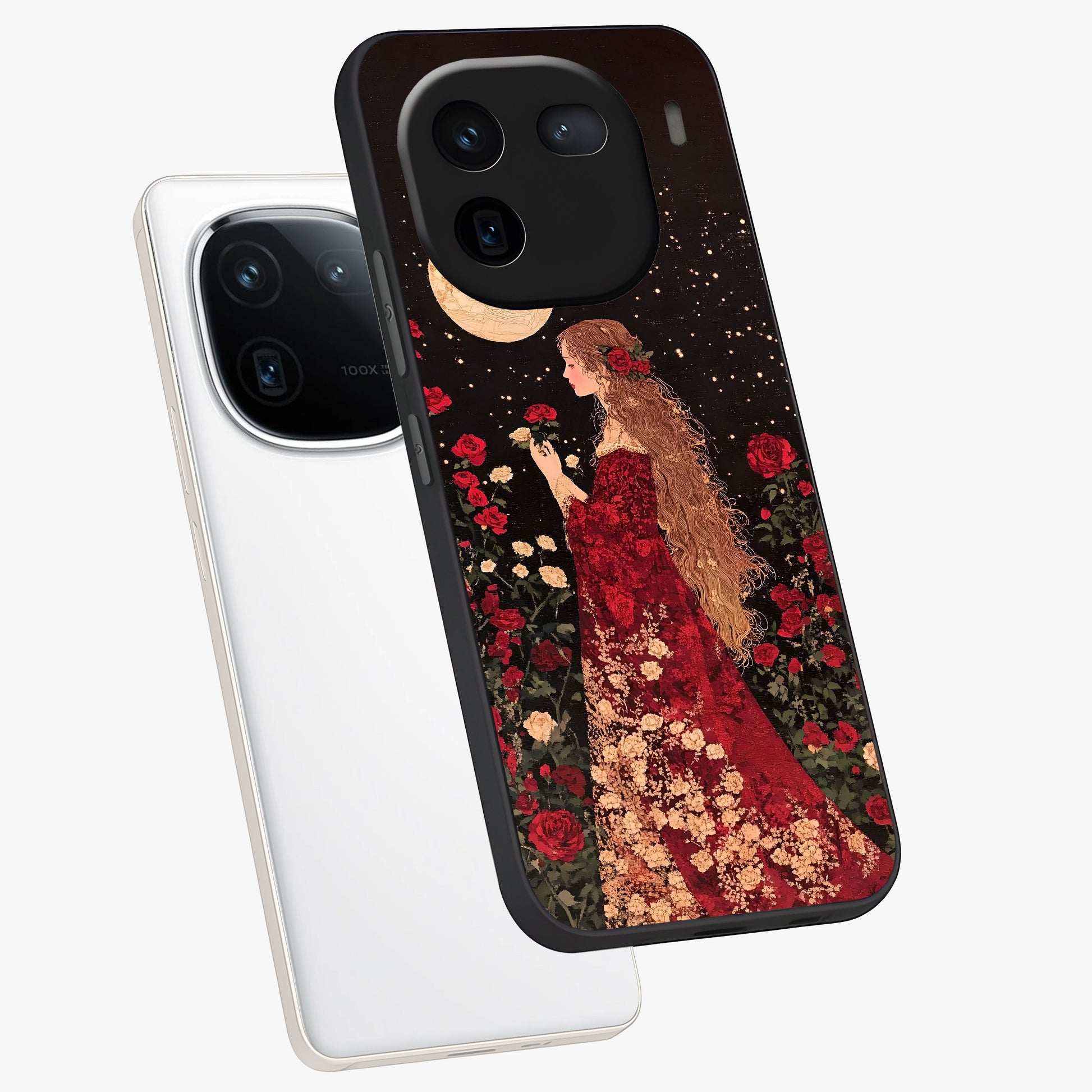 Crimson Dreams Glass Case displayed in angled mockup highlighting soft crimson aesthetic design with artistic theme.
