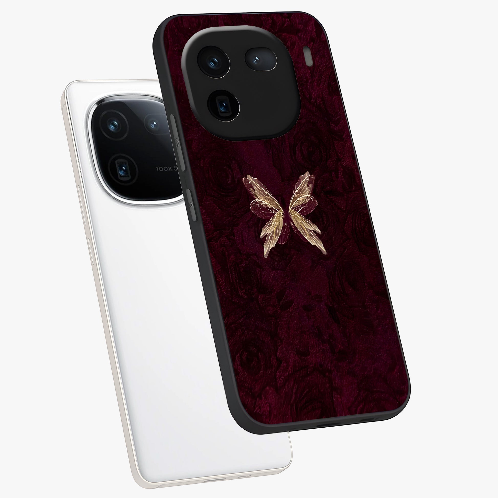 Crimson Fade Butterfly Glass Case displayed in angled mockup highlighting elegant butterfly design with crimson gradient aesthetic.