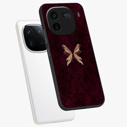 Crimson Fade Butterfly Glass Case displayed in angled mockup highlighting elegant butterfly design with crimson gradient aesthetic.