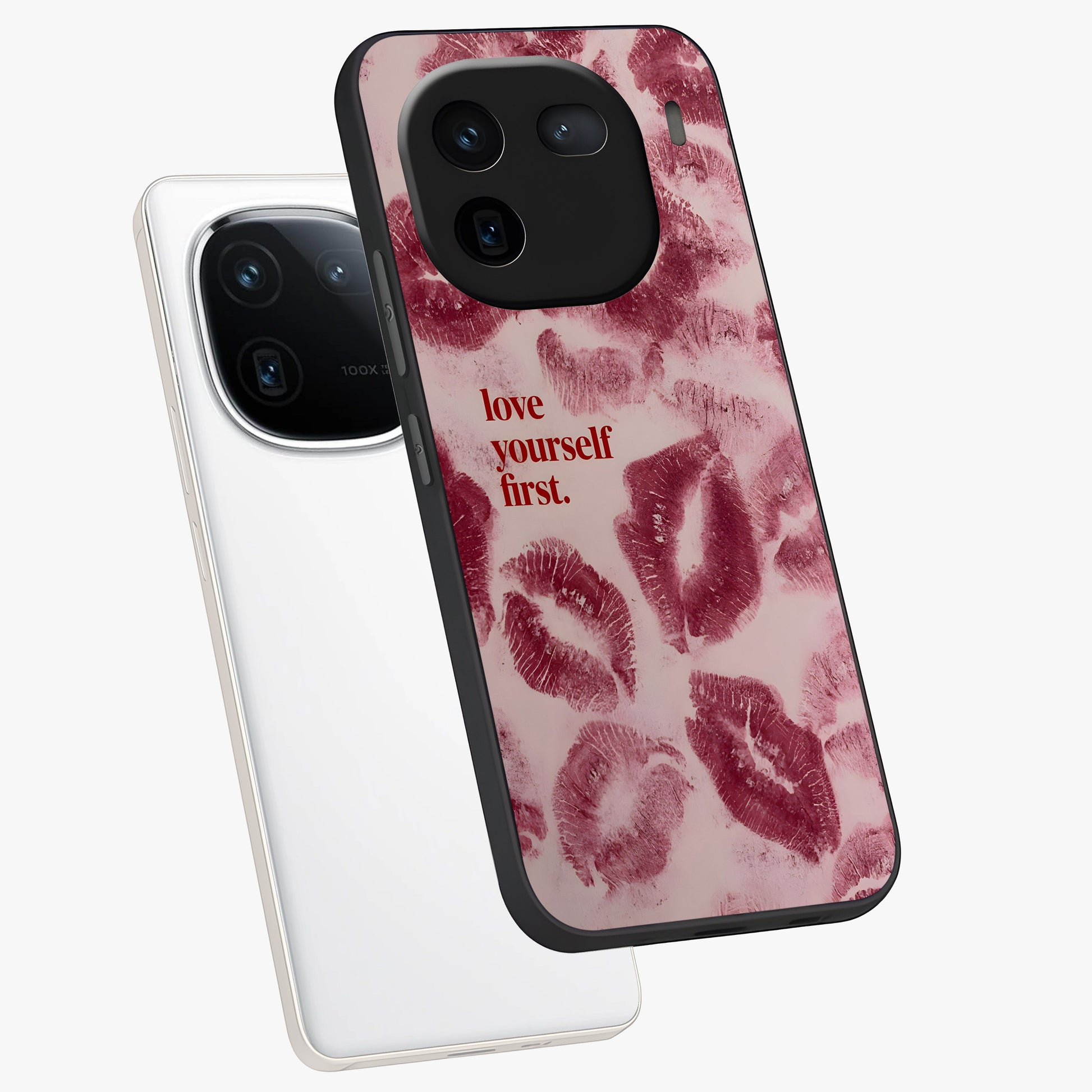 Crimson Kiss Love Glass Case displayed in angled mockup highlighting bold love inspired design with modern aesthetic style.