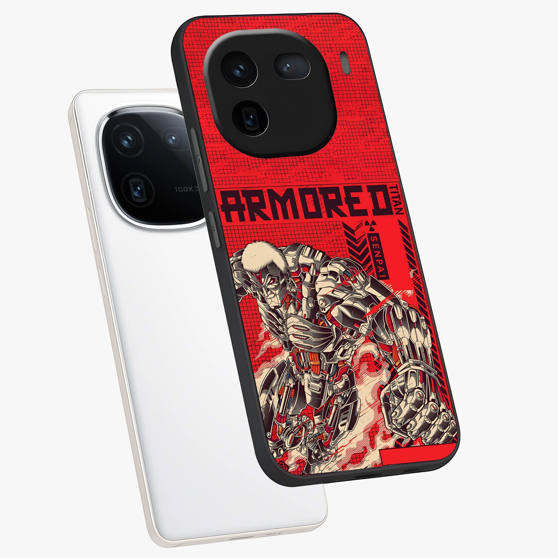 Crimson Mecha Titan Glass Case displayed in angled mockup highlighting futuristic mech illustration with bold crimson aesthetic.
