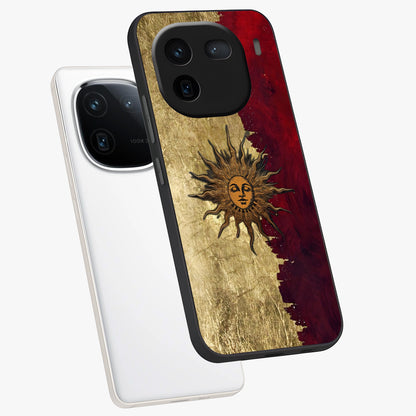 Crimson Sun Majesty Glass Case displayed in angled mockup highlighting majestic crimson sun design with bold aesthetic style.