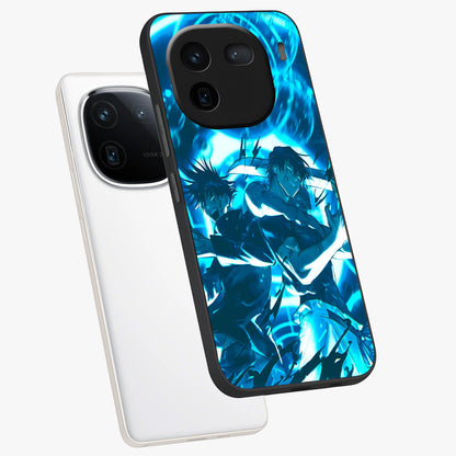 Cursed Energy Clash Glass Case displayed in angled mockup highlighting powerful battle inspired graphic with anime style aesthetic.