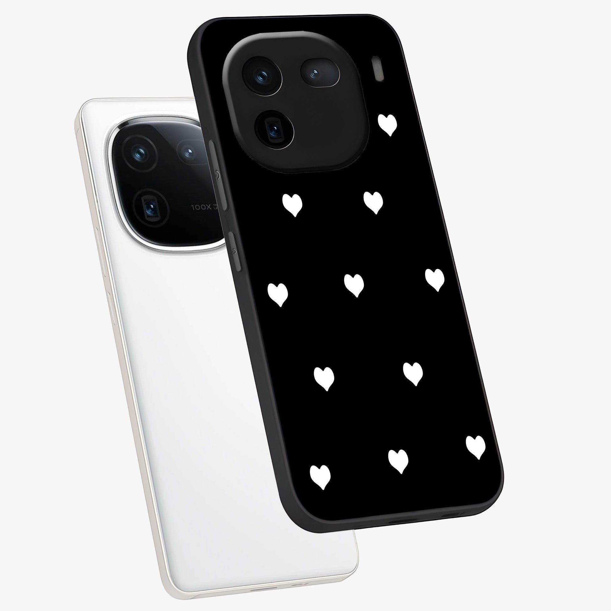 Cute And Simple White Hearts Glass Case displayed in angled mockup highlighting cute heart design with clean aesthetic style.