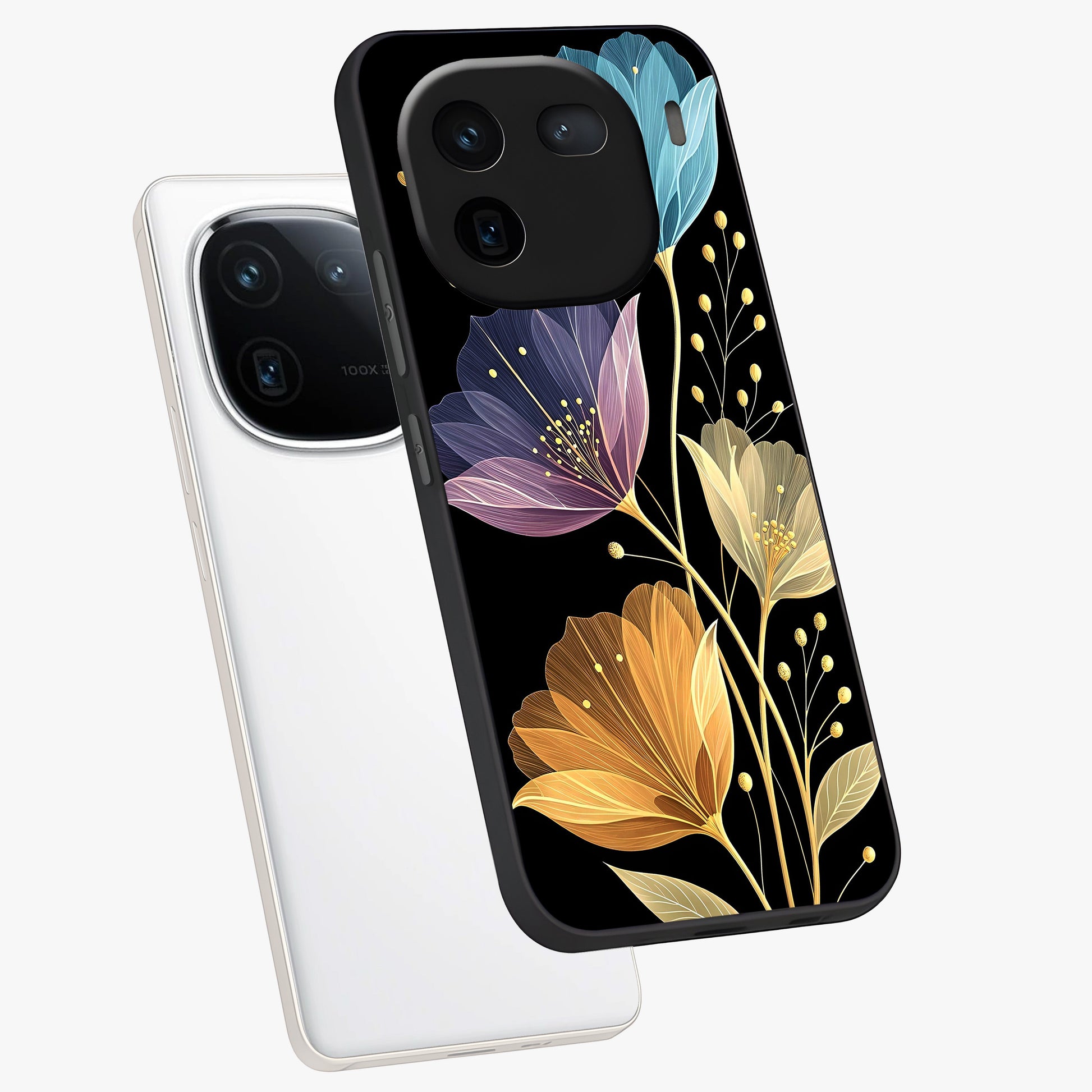 Delicate Multicolor Flowers Glass Case displayed in angled mockup highlighting colorful flower pattern with soft aesthetic style.