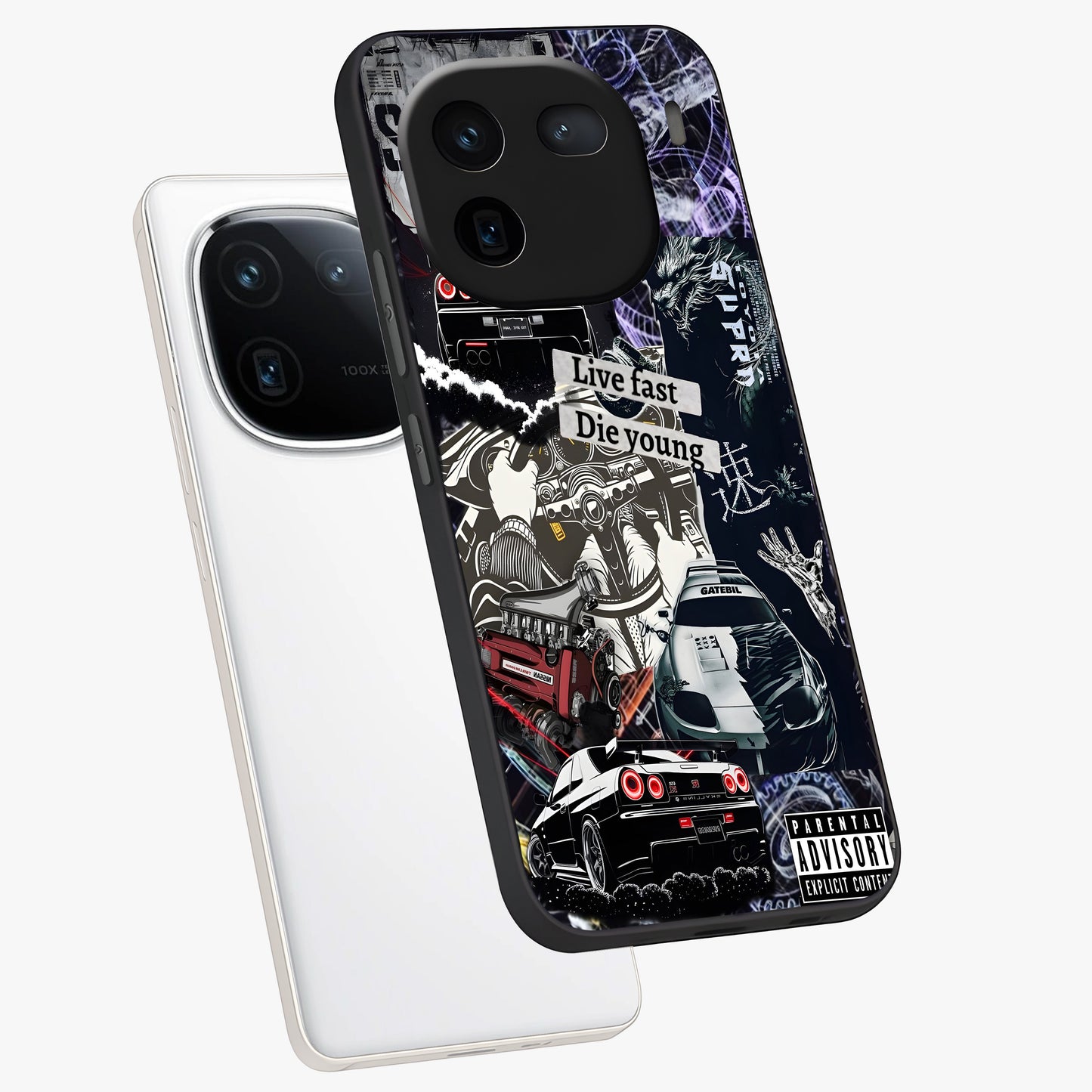 Die Young Glass Case displayed in angled mockup highlighting expressive graphic artwork with edgy aesthetic style.