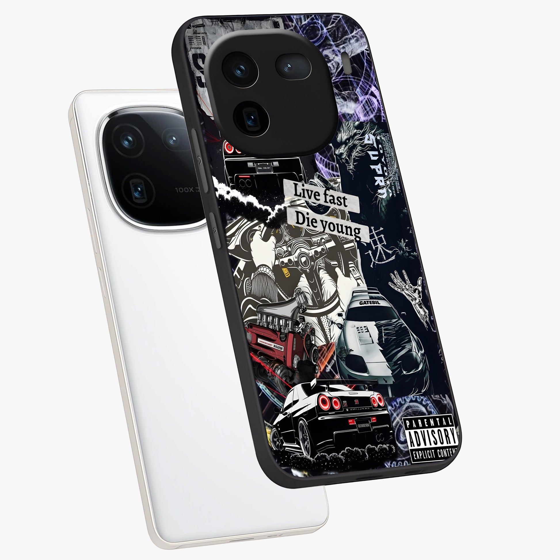 Die Young Glass Case displayed in angled mockup highlighting expressive graphic artwork with edgy aesthetic style.