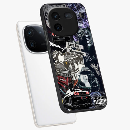 Die Young Glass Case displayed in angled mockup highlighting expressive graphic artwork with edgy aesthetic style.