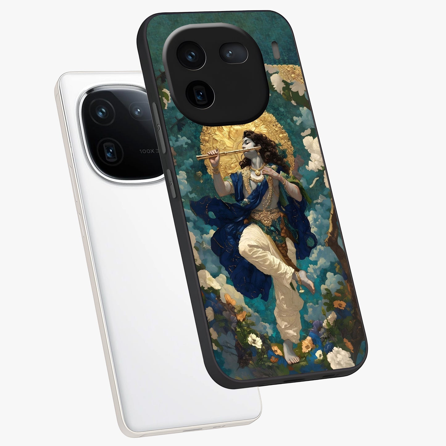 Divine Krishna Art Glass Case displayed in angled mockup highlighting spiritual Krishna illustration with devotional aesthetic.