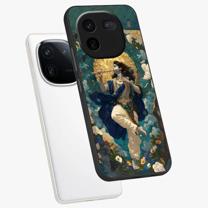 Divine Krishna Art Glass Case displayed in angled mockup highlighting spiritual Krishna illustration with devotional aesthetic.