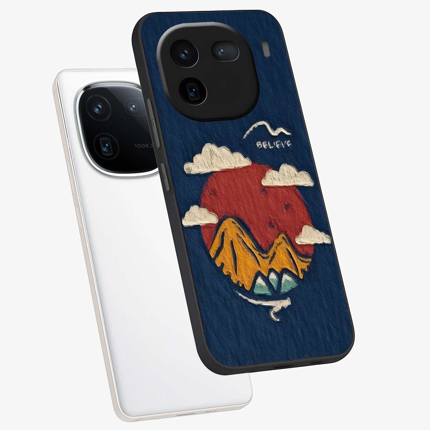 Dream Beyond Mountains Glass Case displayed in angled mockup highlighting dreamy mountain illustration with peaceful aesthetic.