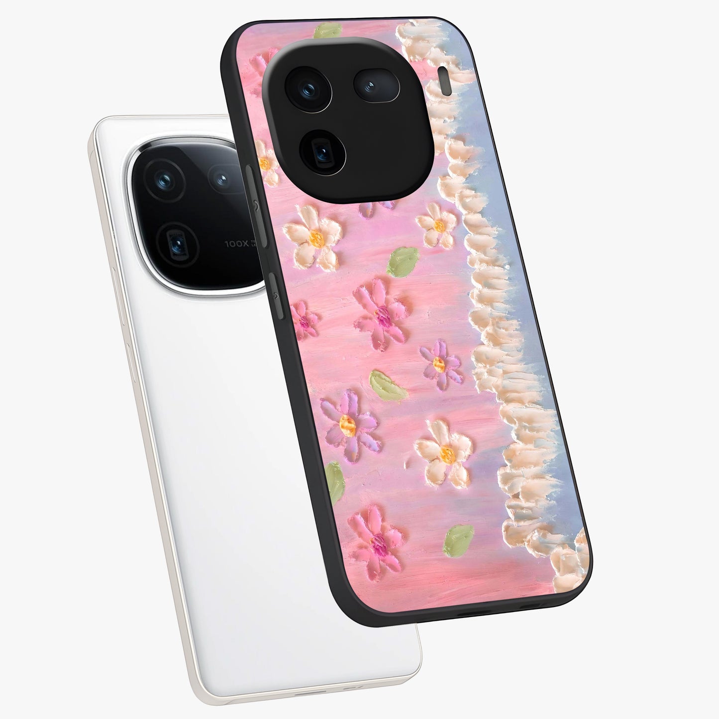 Dreamy Painted Garden Glass Case displayed in angled mockup highlighting colorful garden illustration with dreamy aesthetic style.