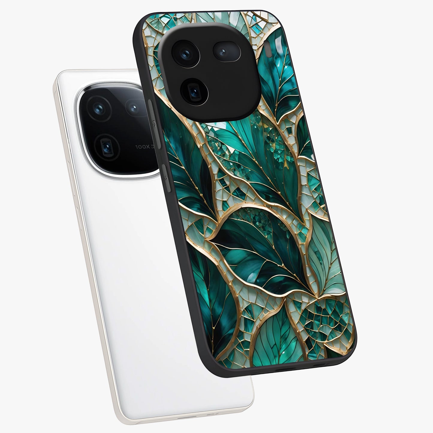 Emerald Leaf Glass Glass Case displayed in angled mockup highlighting botanical leaf illustration with elegant natural aesthetic.