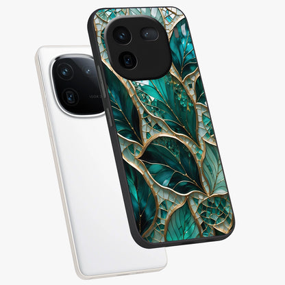 Emerald Leaf Glass Glass Case displayed in angled mockup highlighting botanical leaf illustration with elegant natural aesthetic.