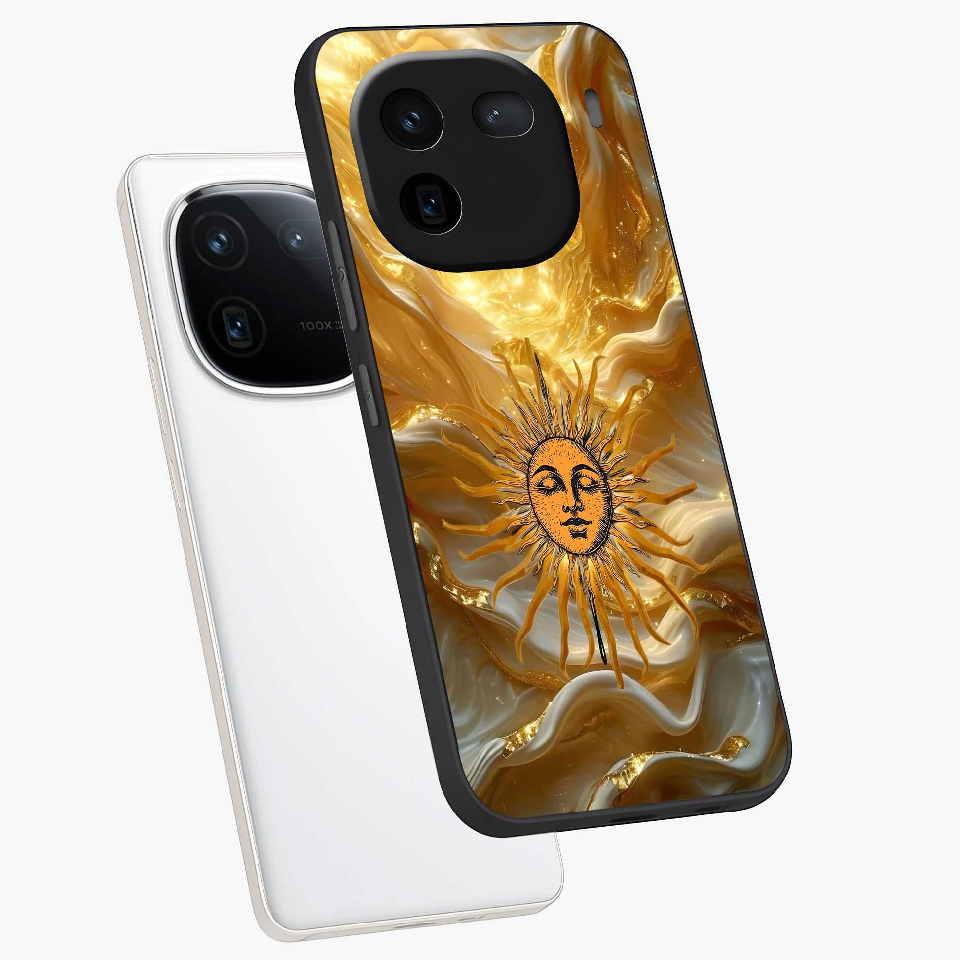Eternal Golden Glow Glass Case displayed in angled mockup highlighting glowing golden aesthetic design with elegant style.