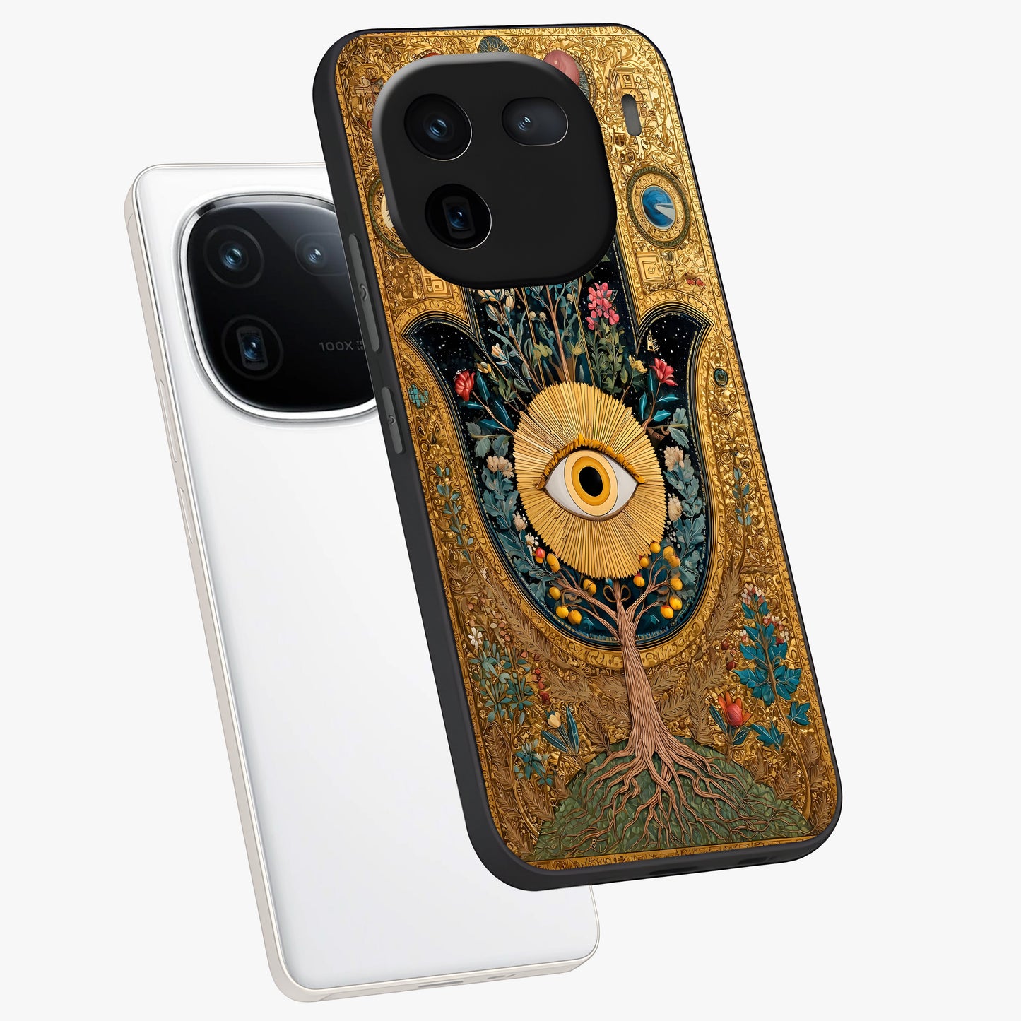 Ethereal Evil Eye Glass Case displayed in angled mockup highlighting protective evil eye symbol with spiritual aesthetic design.