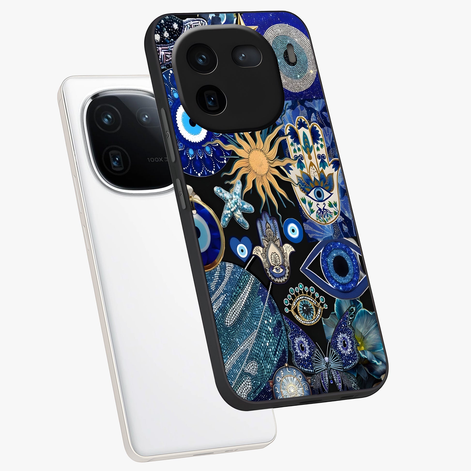 Evil Eye Charm Mix Glass Case displayed in angled mockup highlighting protective evil eye symbols with spiritual aesthetic design.
