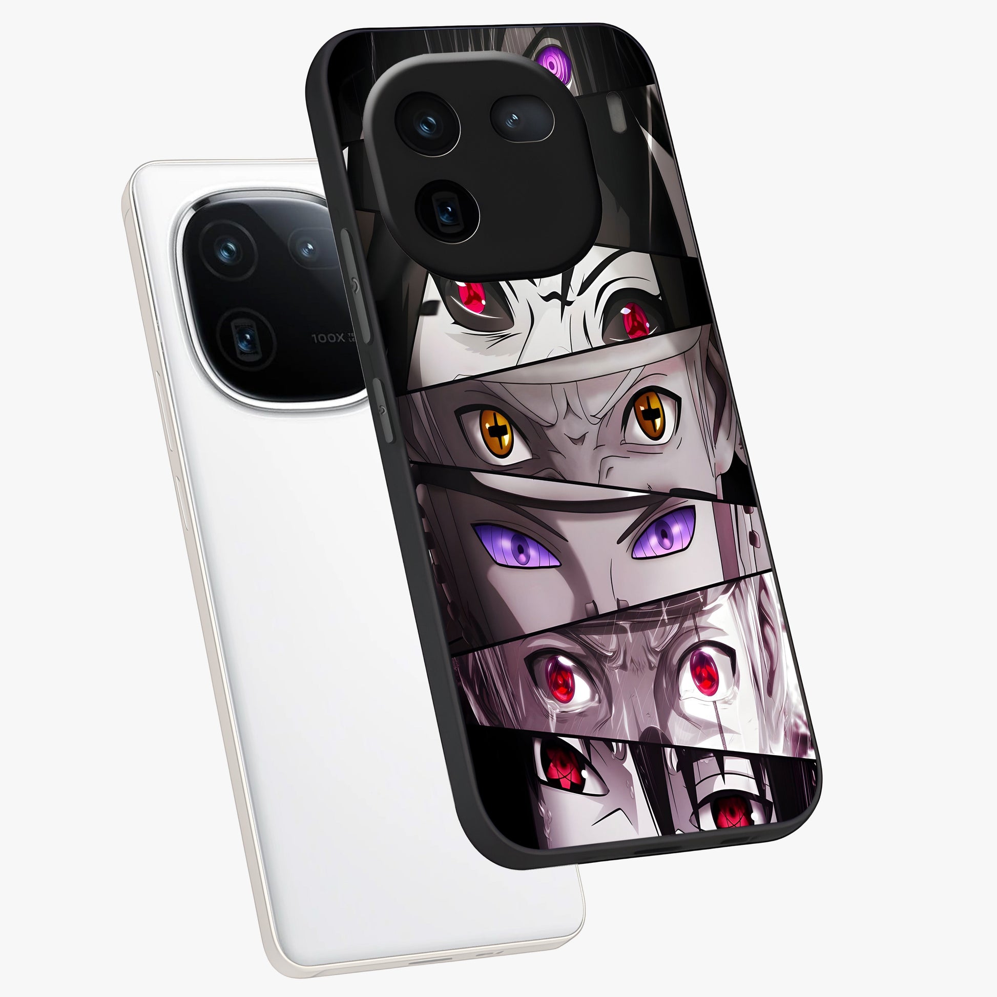 Eyes of Destiny Glass Case displayed in angled mockup highlighting bold eye illustration with mystical aesthetic style.