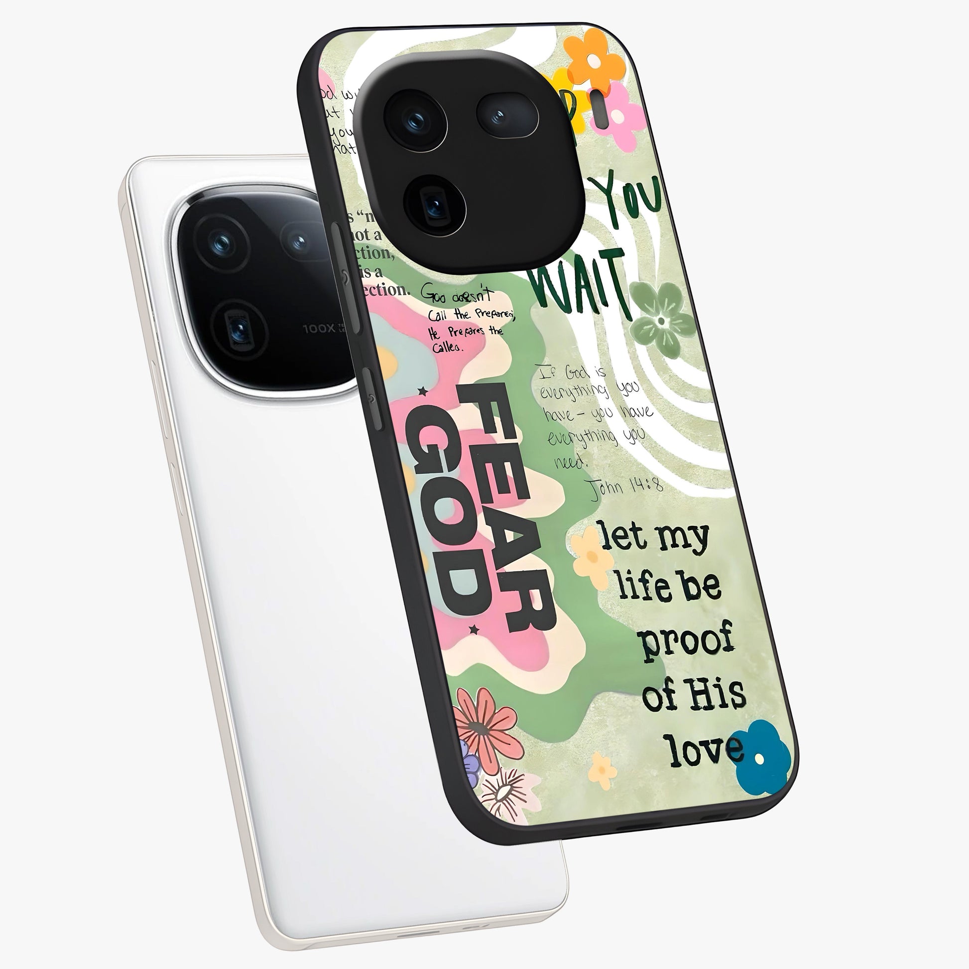 Faith Over Fear Glass Case displayed in angled mockup highlighting inspirational message design with modern aesthetic style.