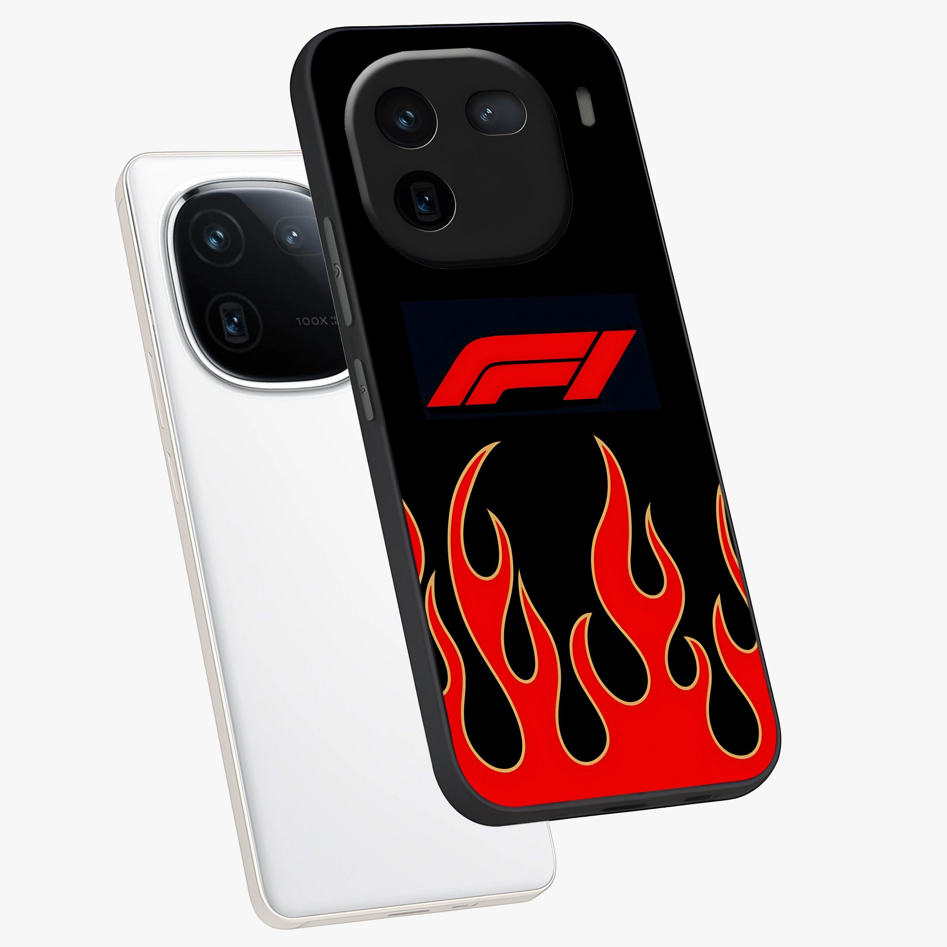 Fire F11 Glass Case displayed in angled mockup highlighting bold fire inspired graphic with energetic aesthetic style.