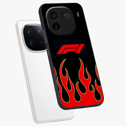 Fire F11 Glass Case displayed in angled mockup highlighting bold fire inspired graphic with energetic aesthetic style.