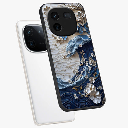 Floral Wave Origami Glass Case displayed in angled mockup highlighting geometric origami flower design with modern aesthetic style.