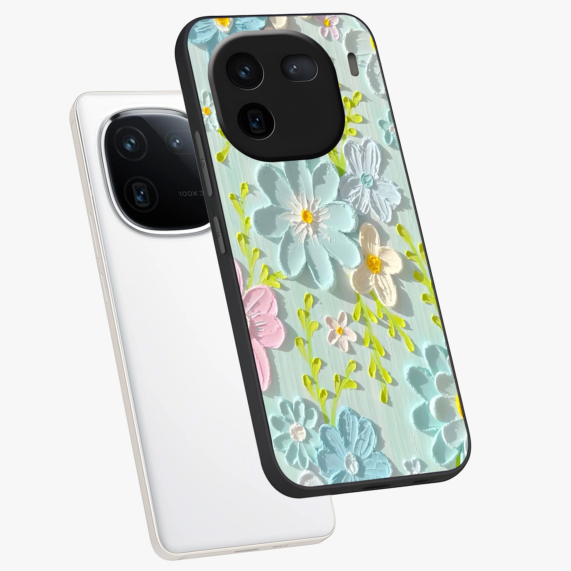 Frosted Petal Garden Glass Case displayed in angled mockup highlighting delicate flower petal design with calm garden aesthetic.
