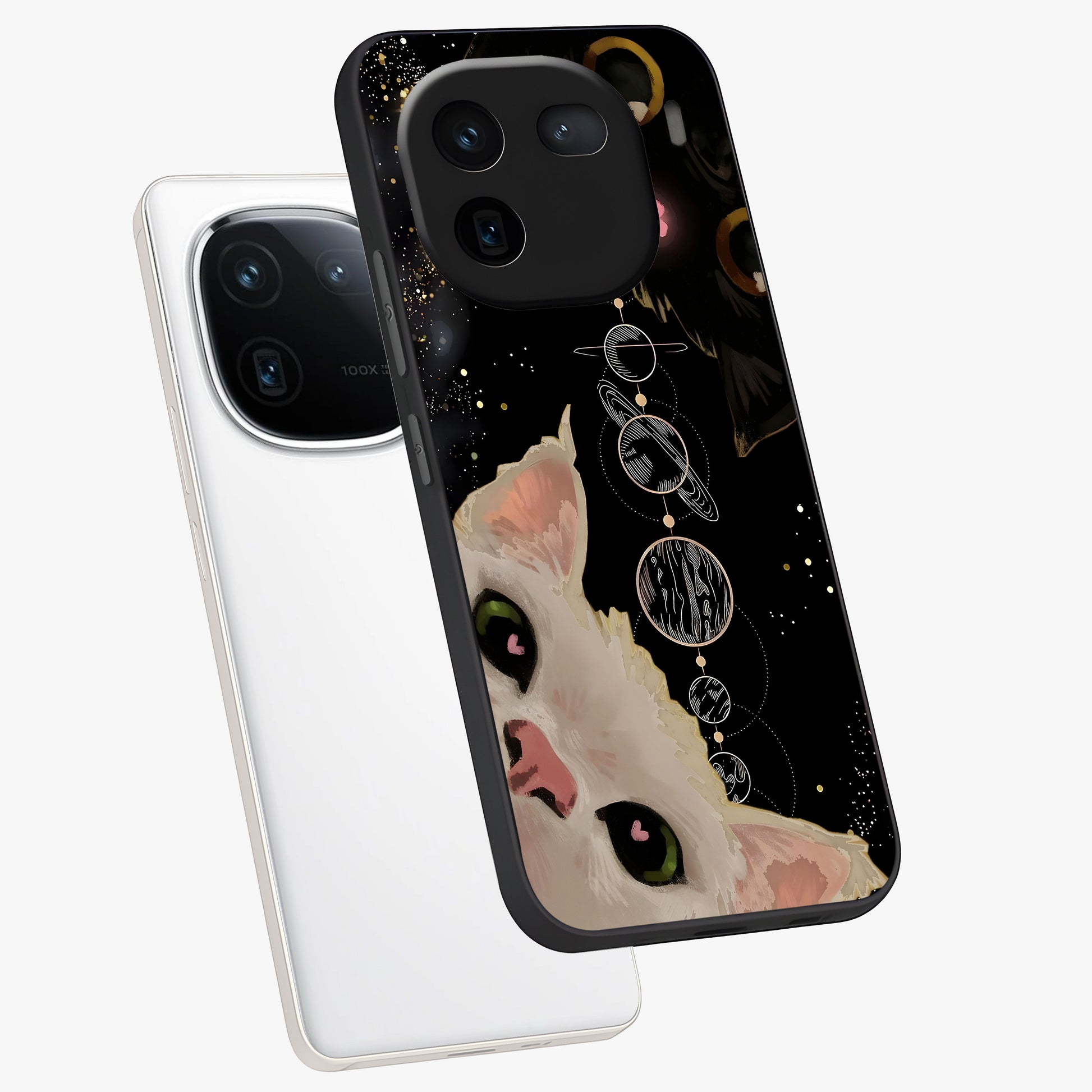 Galactic Cat Glass Case displayed in angled mockup highlighting celestial feline illustration with galaxy aesthetic style.
