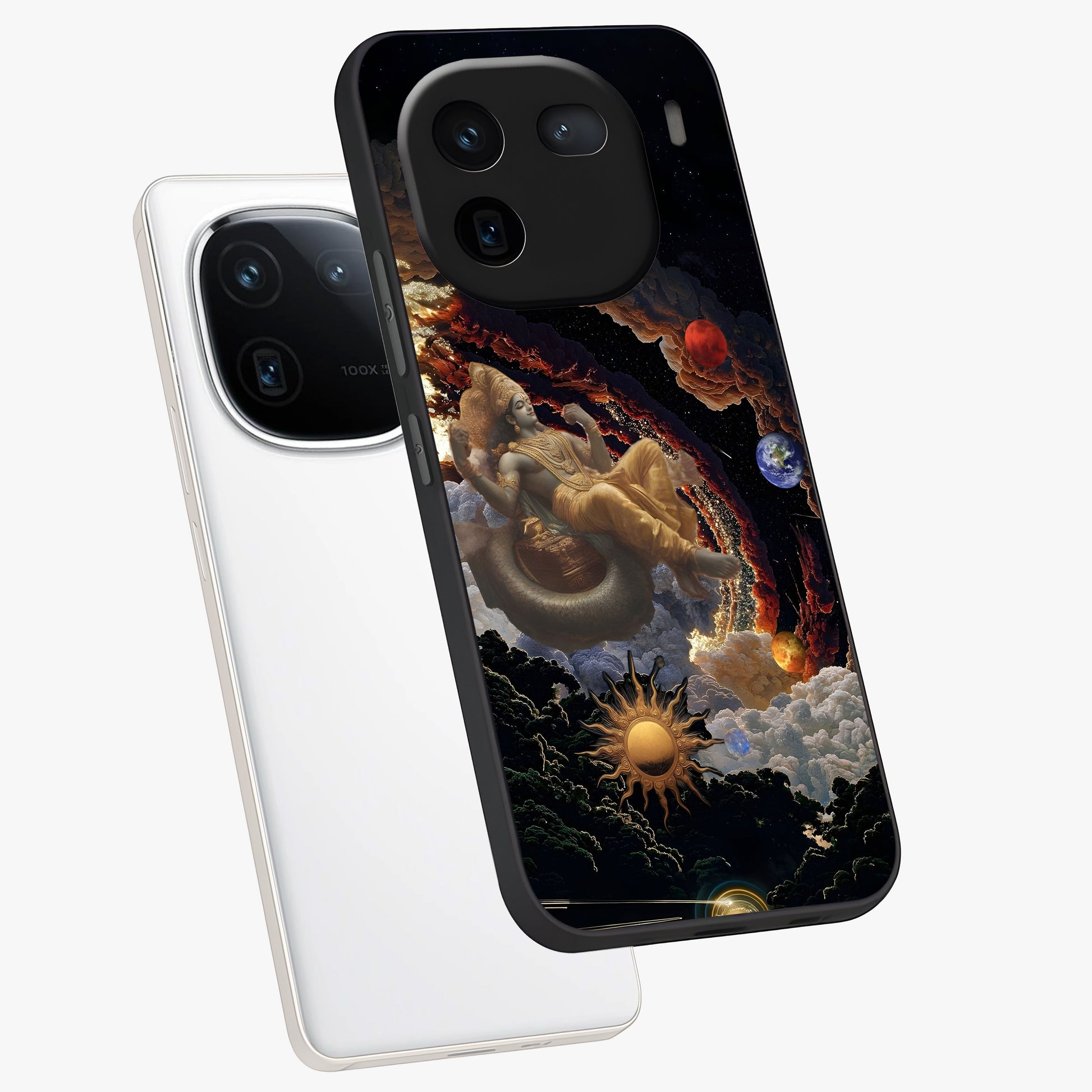Galactic Divine God Glass Case displayed in angled mockup highlighting powerful celestial deity illustration with galactic aesthetic.