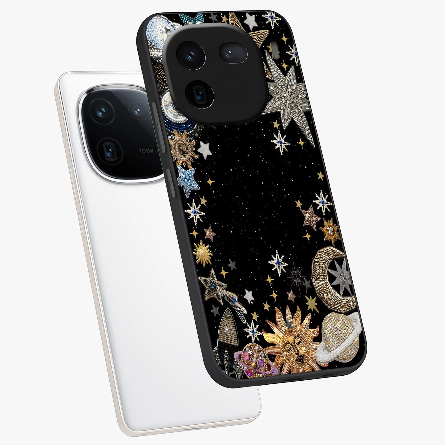 Galactic Jewel Stars Glass Case displayed in angled mockup highlighting shining celestial star design with cosmic aesthetic style.