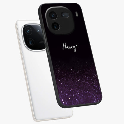 Glittery Purple Bokeh Custom Name Glass Case displayed in angled mockup highlighting glitter bokeh pattern with custom name feature.