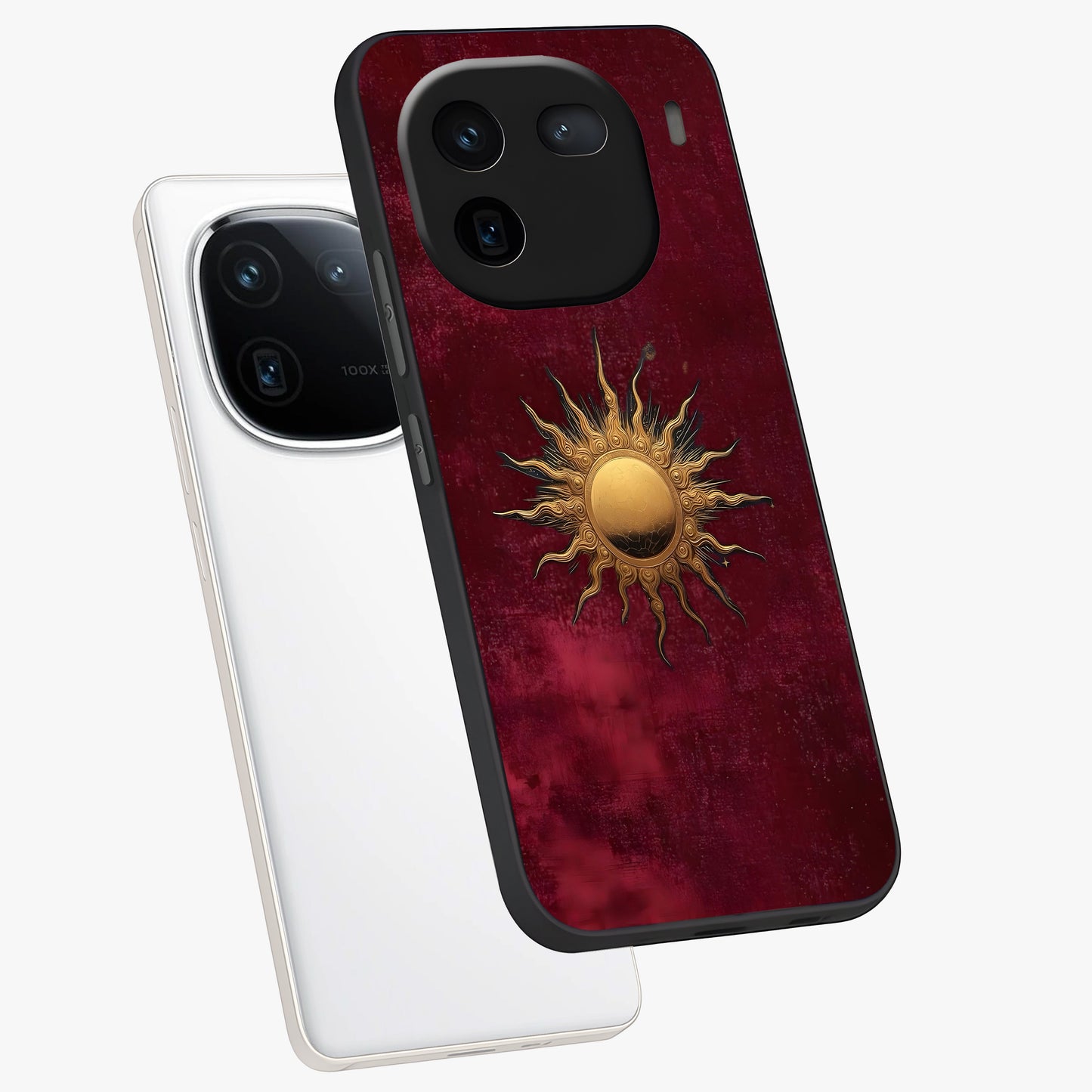Golden Sun Minimalism Glass Case displayed in angled mockup highlighting clean sun symbol design with modern minimal aesthetic.