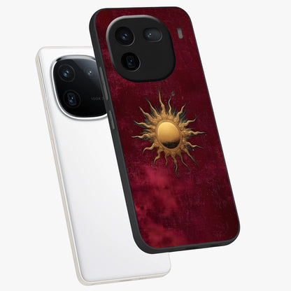 Golden Sun Minimalism Glass Case displayed in angled mockup highlighting clean sun symbol design with modern minimal aesthetic.