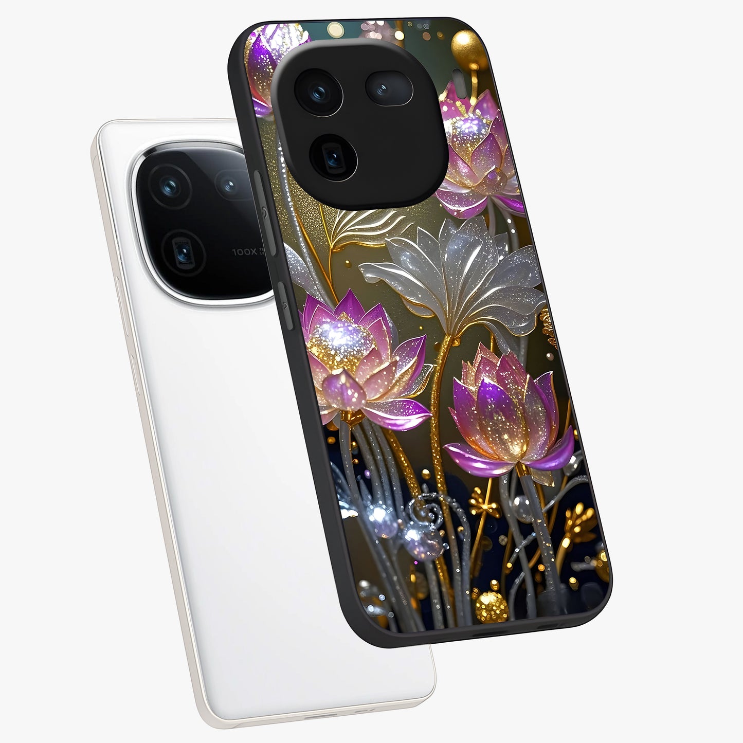 Golden Floral Majesty Glass Case displayed in angled mockup highlighting elegant flower design with royal golden aesthetic.