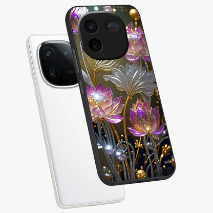 Golden Floral Majesty Glass Case displayed in angled mockup highlighting elegant flower design with royal golden aesthetic.